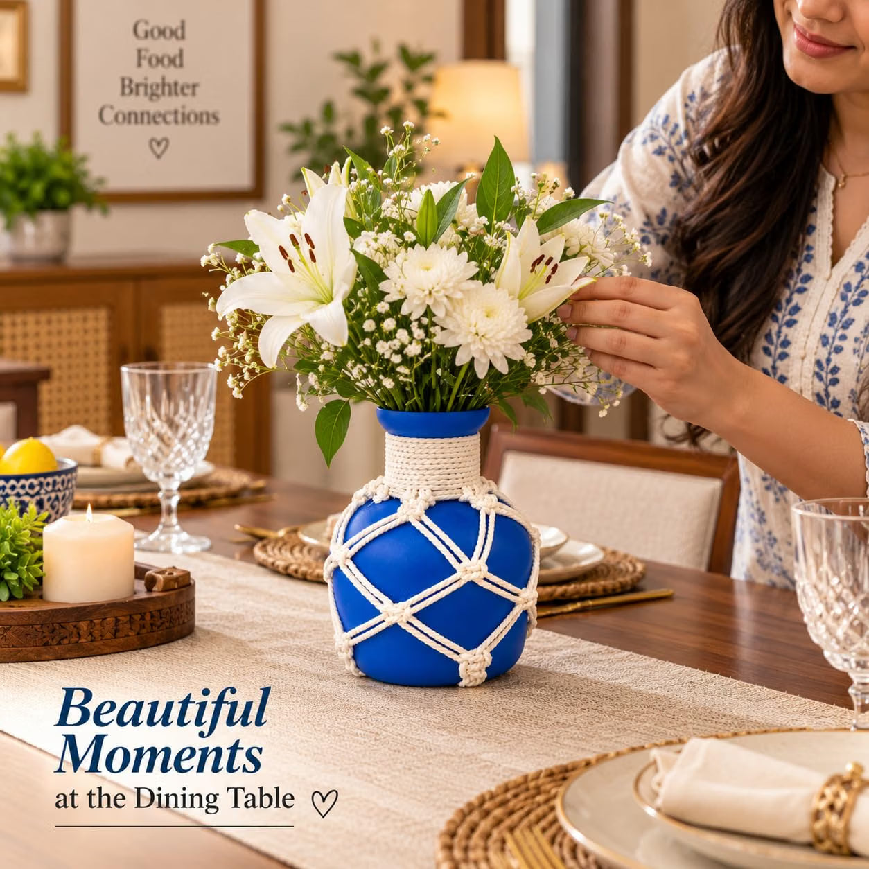Pure Source India Decorative Blue Flower Vase with Macramé Rope Design | Tabletop Home Décor Vase for Living Room, Dining Table & Office