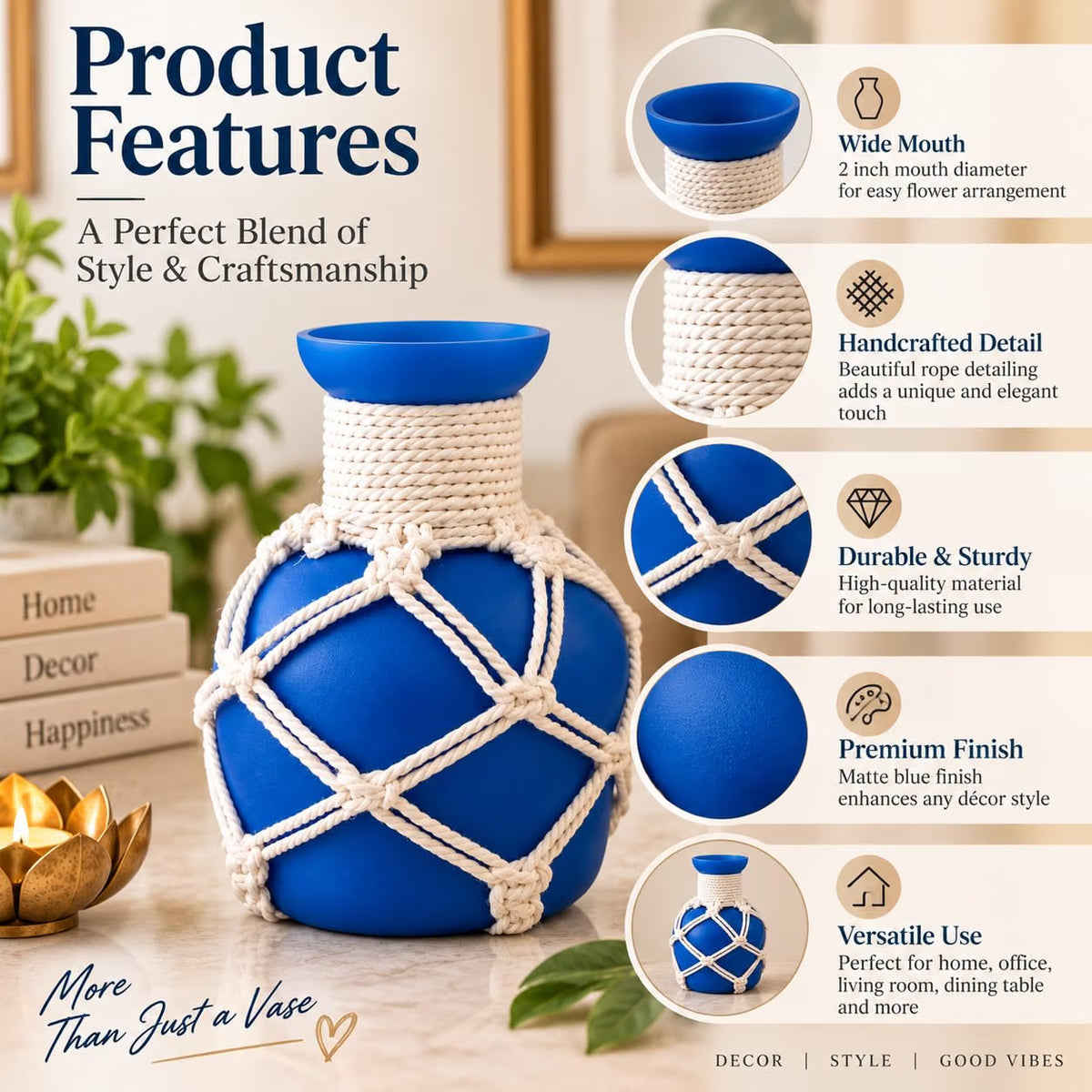 Pure Source India Decorative Blue Flower Vase with Macramé Rope Design | Tabletop Home Décor Vase for Living Room, Dining Table & Office