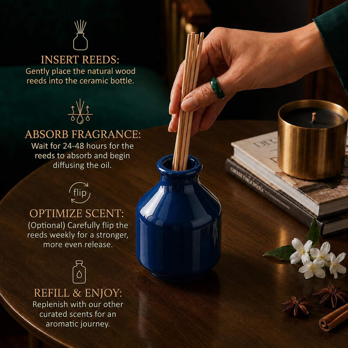 Pure Source India Elegant Ceramic Reed Diffuser Pot (Blue) – Decorative Aroma Diffuser Vase for Living Rooms, bedrooms, bathrooms, Offices, and entryways (Blue)
