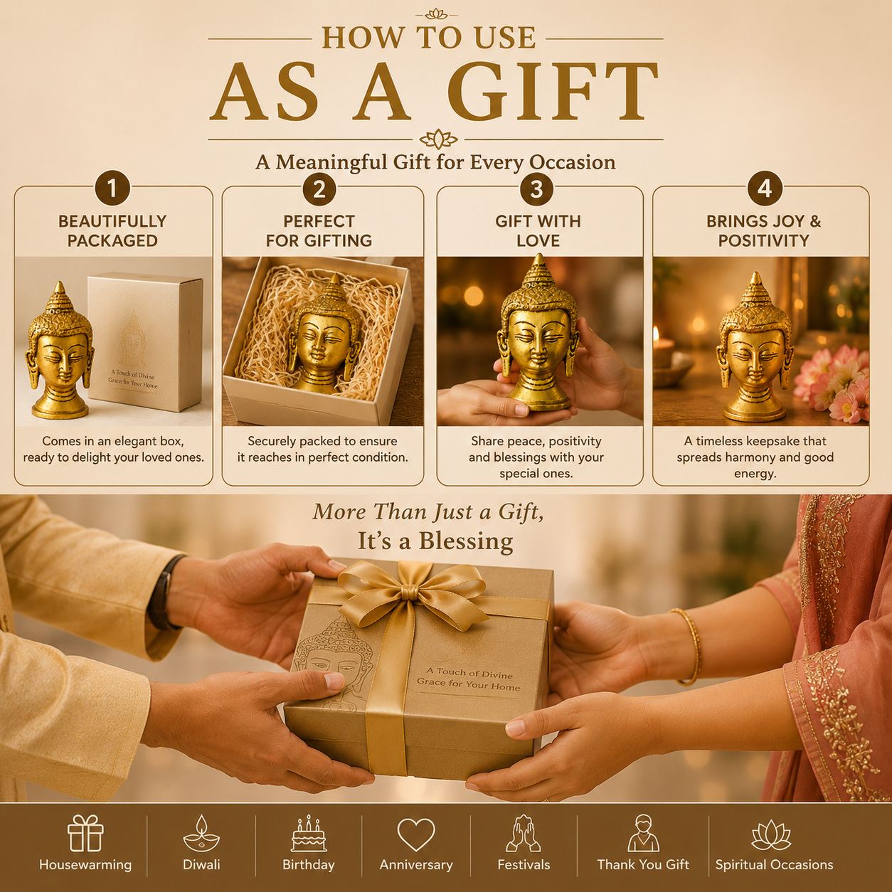 Pure Source India Pure Brass Buddha Face Showpiece/Idol/Murti for Home Decor, Office, Gifting Item (3.7 Inch)