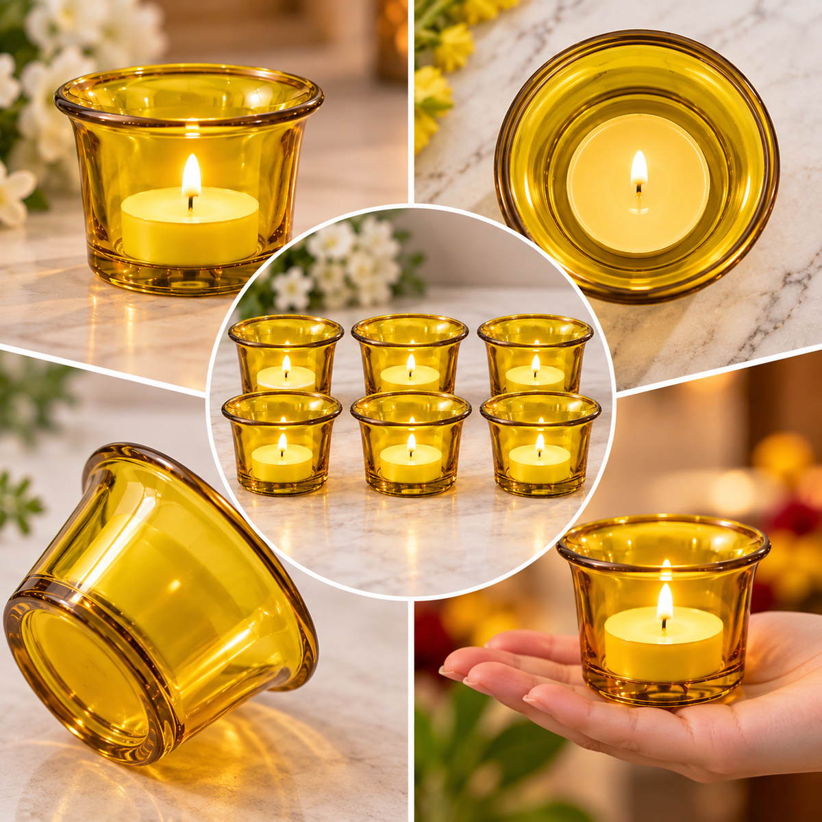Pure Source India Yellow Makhan Votive Glass Tealight Candle Holder Set of 6 With Tealight for Diwali, Pooja, Rangoli & Home Décor