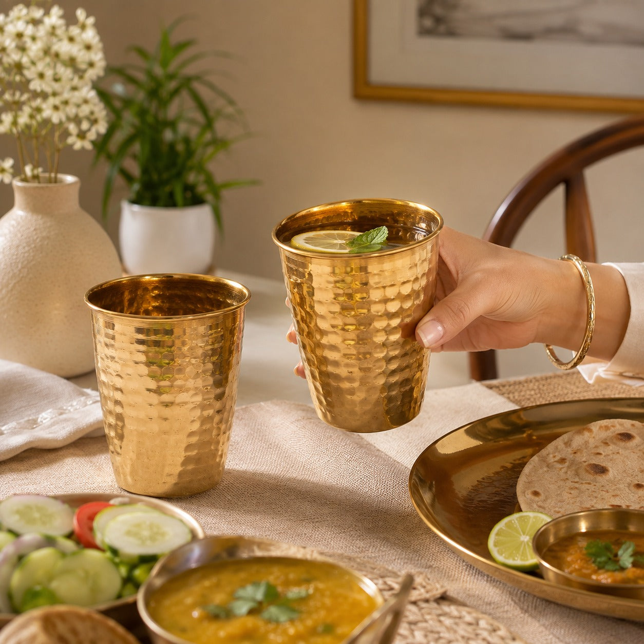 Pure Source India Pure Brass Lassi Glass Tumbler Set of 2, 250 ML Dotted Design Brass Drinking Glass | Traditional Indian Drinkware for Lassi, Water, Juice, Home, Kitchen & Gifting