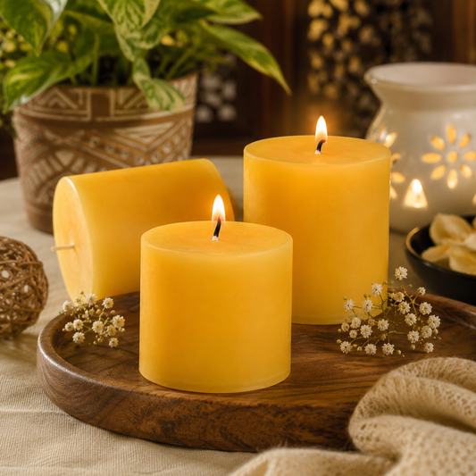 Pure Source India Paraffin Wax Scented Pillar Candles for Home Decor Smokeless & Dripless Candle (Sandalwood - Yellow) Set of 3