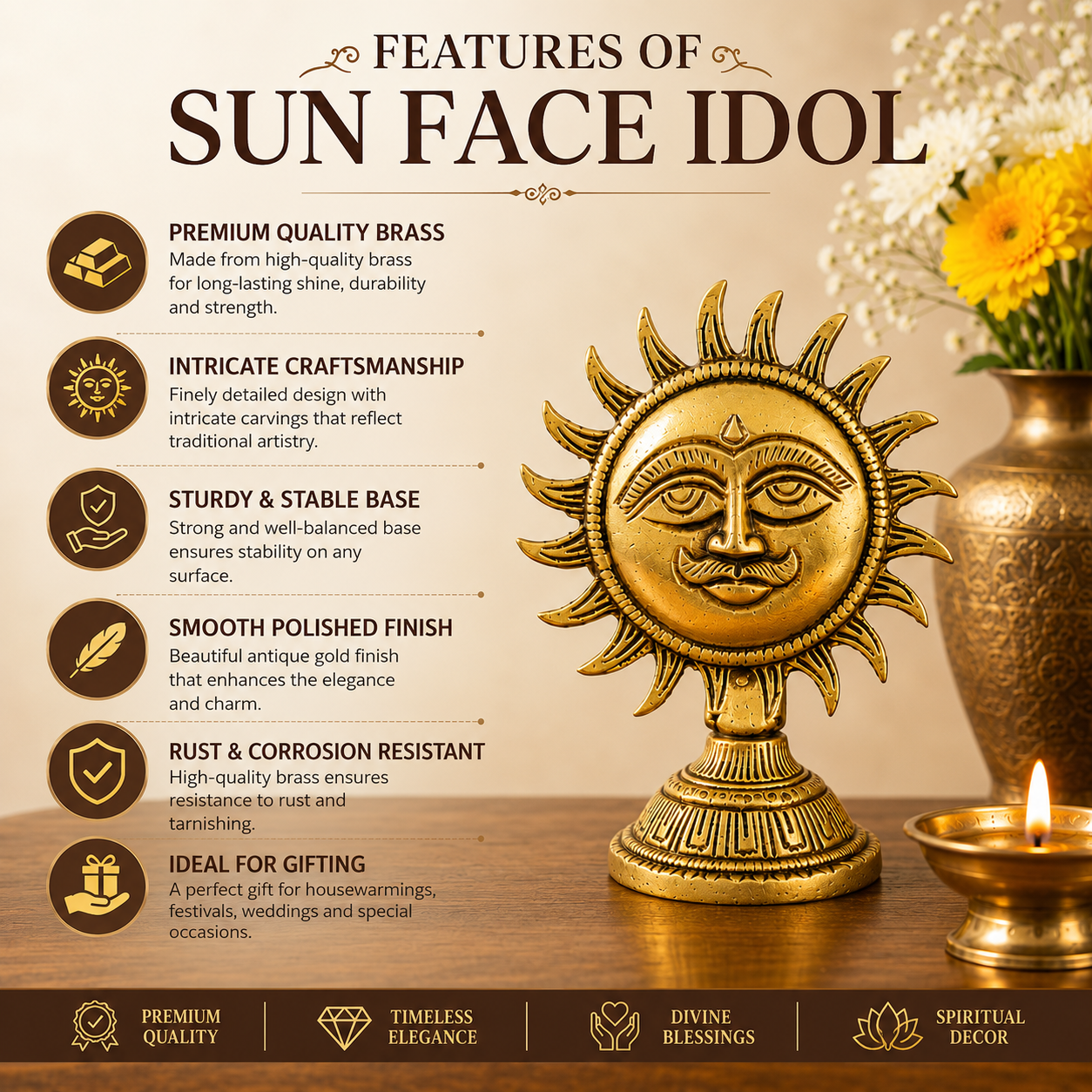 Pure Source India Pure Brass Sun Idol Smiling Face Surya Murti (3.9 Inch) with Stand (184gm)