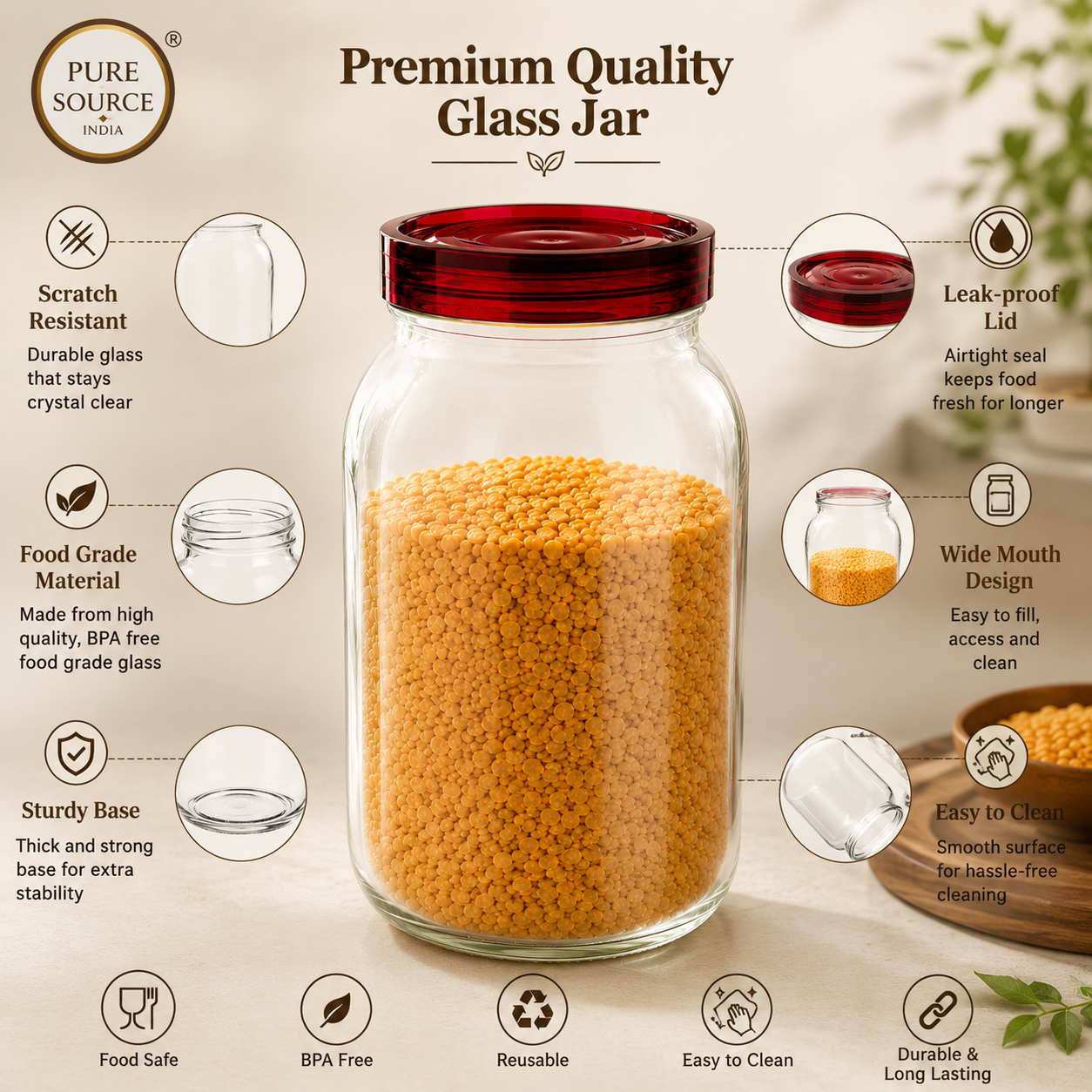 Pure Source India 2.5Ltr Glass Jars and Containers with Plastic air Tight Lid, Wide-Mouth Glass Jars and Container