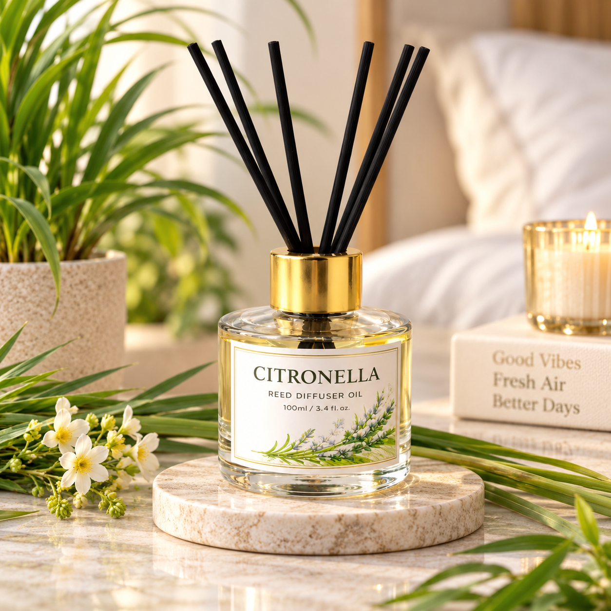 Pure Source India Citronella Reed Diffuser Oil Set 100ml With  6 Rattan Reed Sticks – Premium Aromatherapy Home Fragrance with Glass Bottle |Air Freshener for Home, Bedroom & Office | Ideal for Gifting