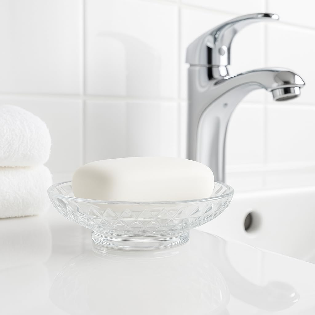Pure Source India Crystal Glass Soap Dish for Bathroom 4.5 Inch| Elegant Transparent Soap Holder with Anti-Slip Design | Ideal for Washbasin, Shower & Kitchen Counter