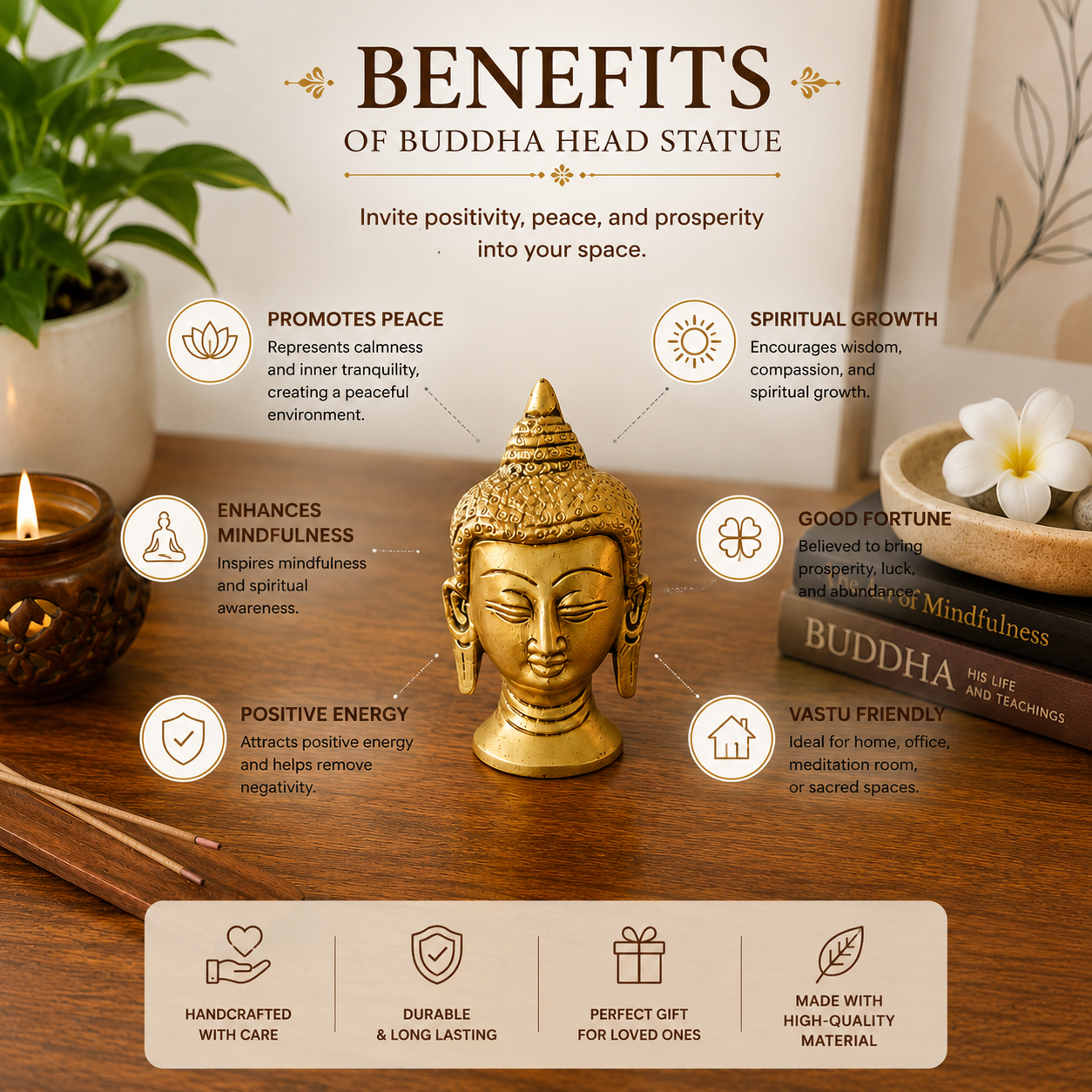Pure Source India Pure Brass Buddha Face Showpiece/Idol/Murti for Home Decor, Office, Gifting Item (3.7 Inch)