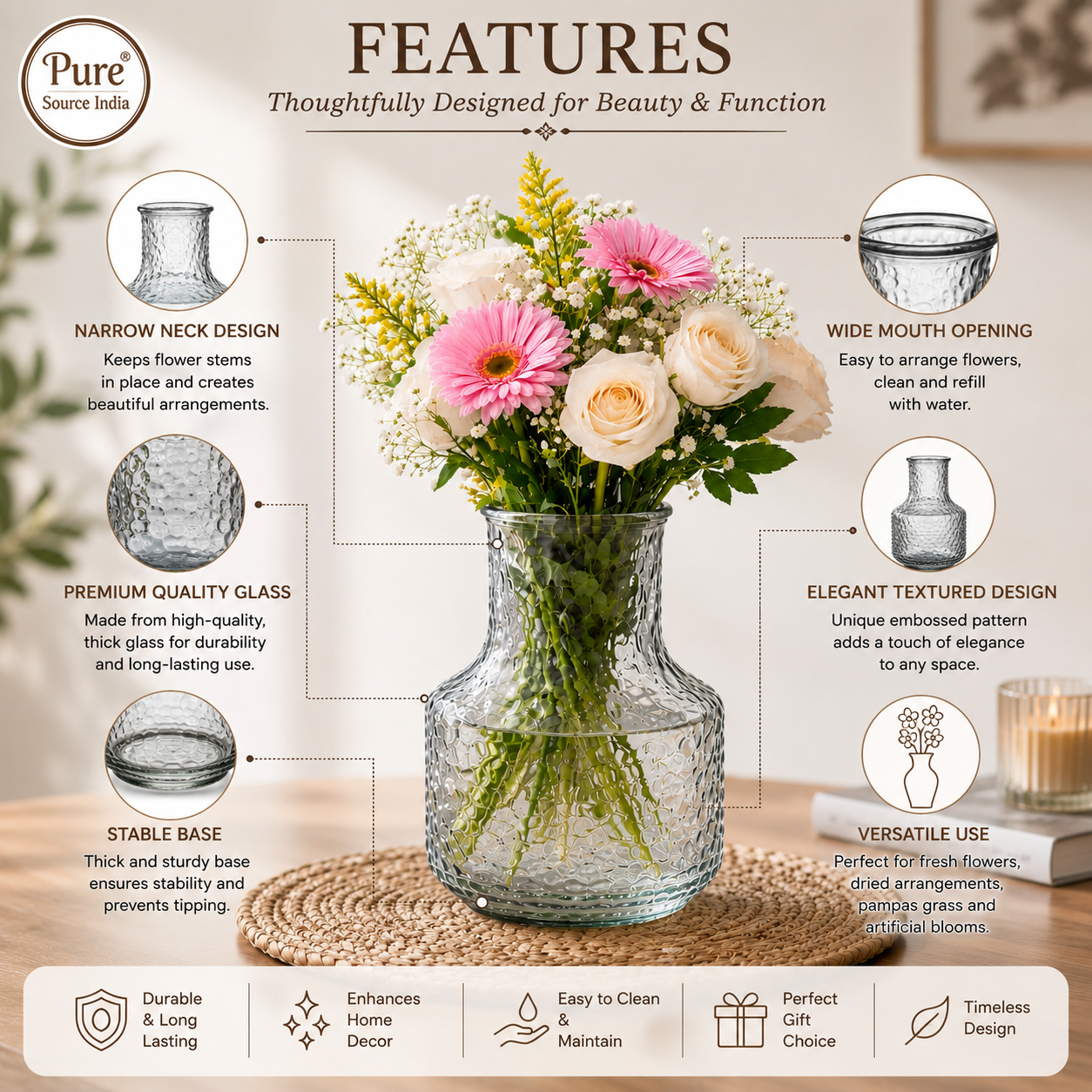 Pure Source India Modern 8 Inch Glass Flower Vase – Hammered Texture Decorative Tabletop Vase for Flowers & Home Decor