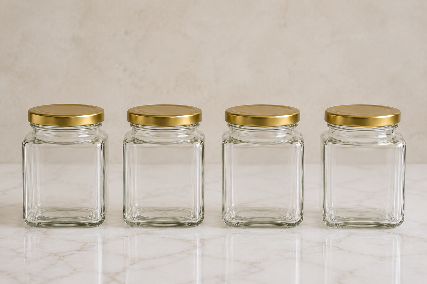 Pure Source India 150gm, Square Glass Jar with Gold Lug Cap | Airtight Food Storage Jar for Honey, Jam, Pickles, Spices & Preserves
