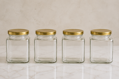 Pure Source India 150gm, Square Glass Jar with Gold Lug Cap | Airtight Food Storage Jar for Honey, Jam, Pickles, Spices & Preserves