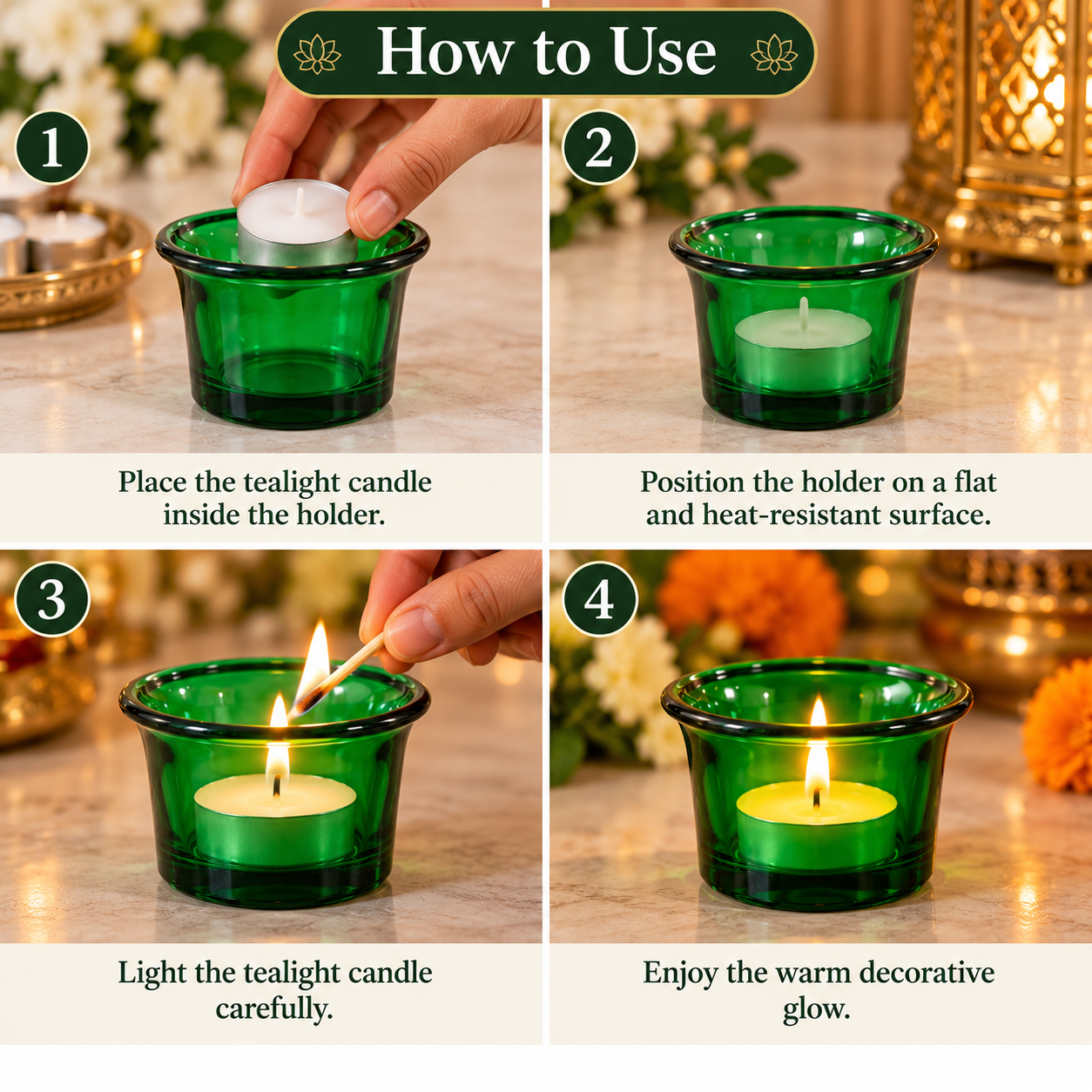 Pure Source India Green Makhan Votive Glass Tealight Candle Holder Set of 6 With Tealight for Diwali, Pooja, Rangoli & Home Décor