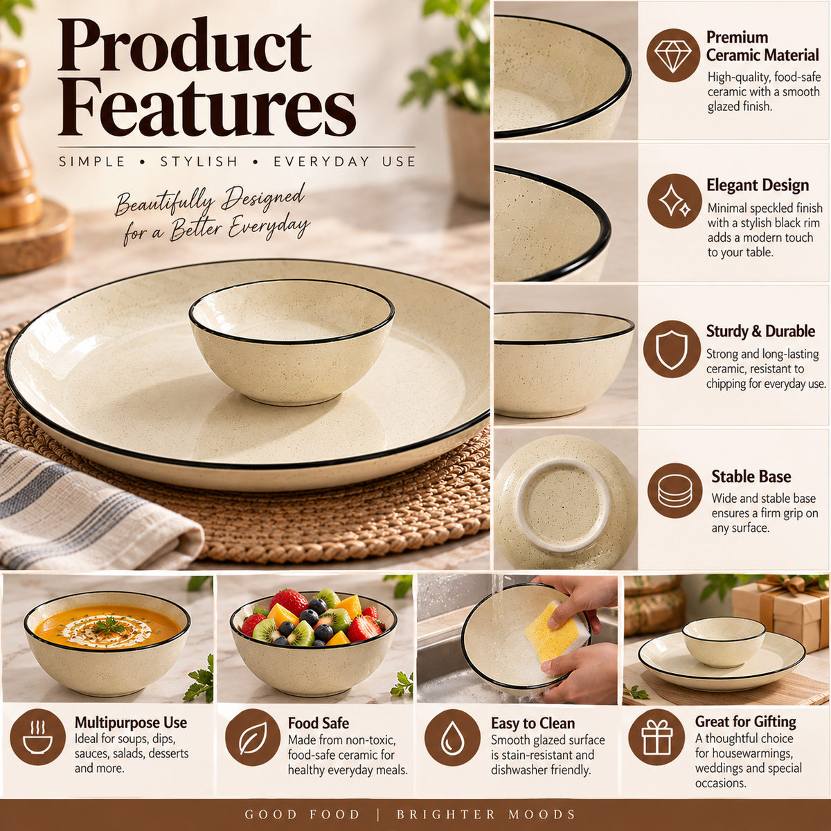Pure Source India 10 Inch Plate & 200 ml Bowl Speckled Ceramic Chip & Dip Serving Platter with Bowl