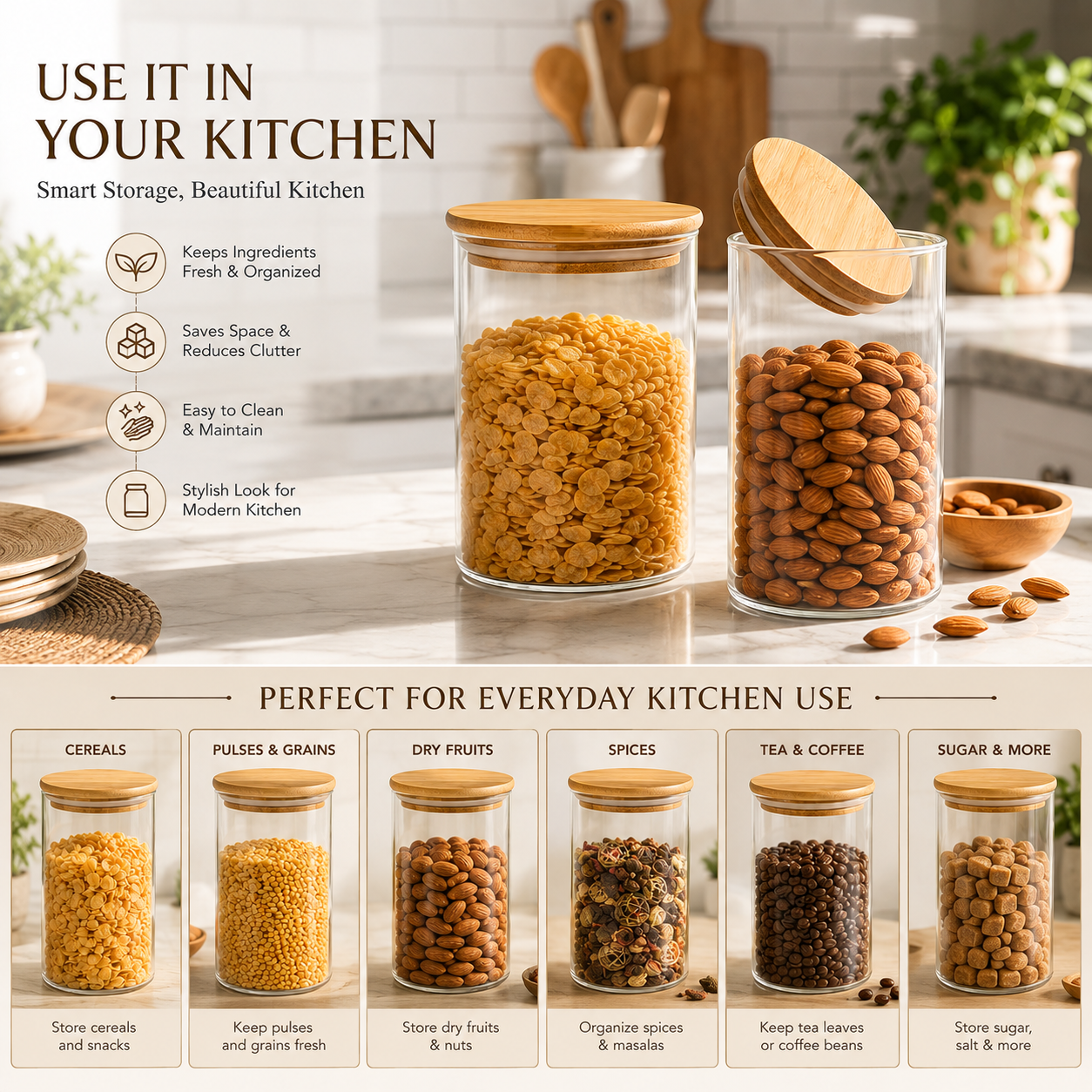 Pure Source India 1400ml Airtight Bamboo Lid Borosilicate Glass Jar Container For Kitchen Storage