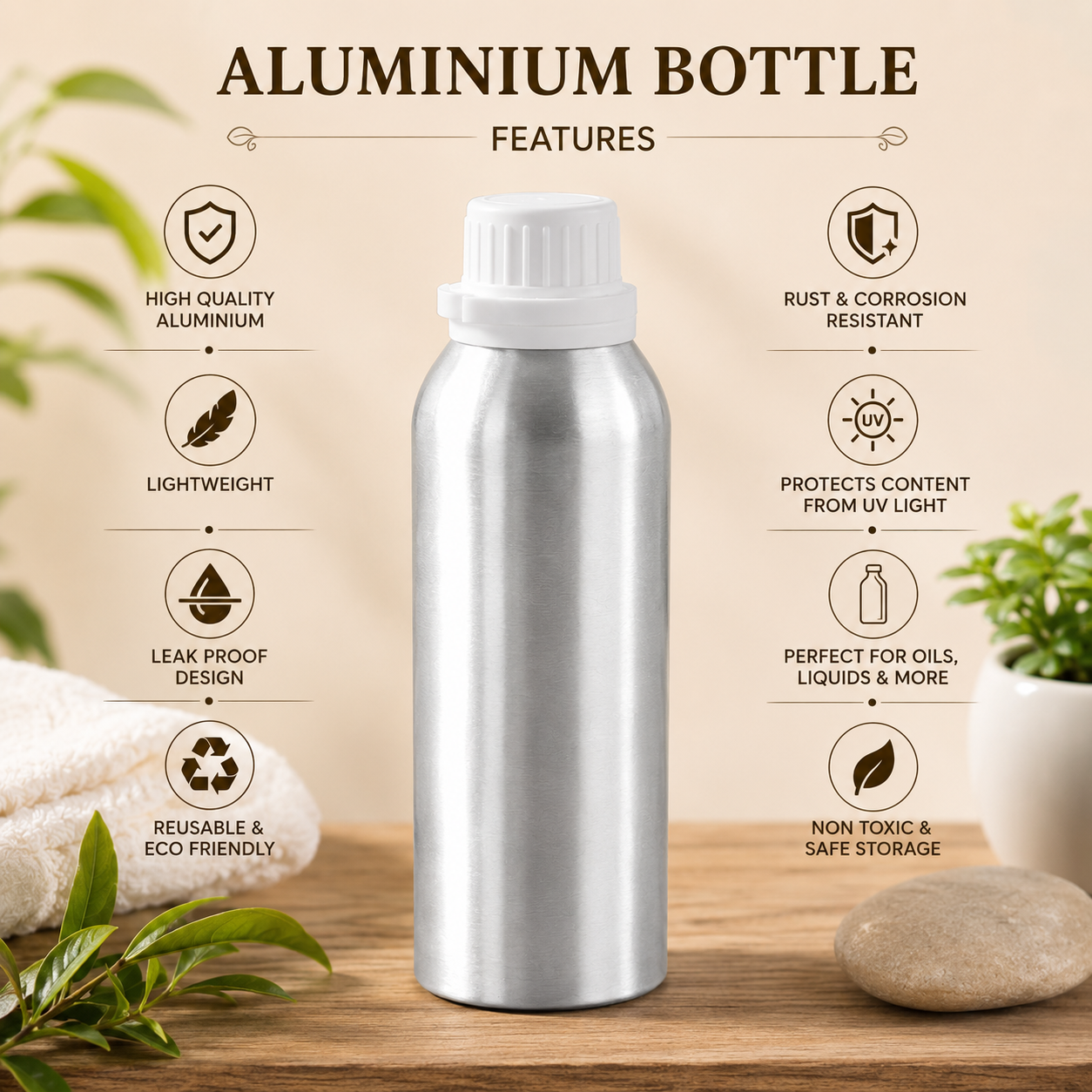 Pure Source India Aluminum Empty Bottle 250ml with Inner Lid & Cap – Ideal for Essential Oils, Oil Blends, Cosmetics and Liquid Storage (Pack of 1)