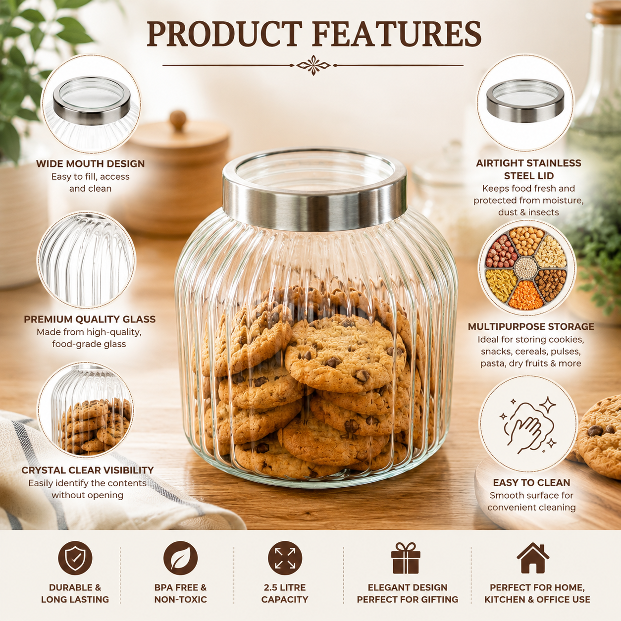 Pure Source India 7.5 Litre Ribbed Glass Storage Jar with Stainless Steel Lid | Airtight Food Grade Glass Canister | Kitchen Pantry Container for Cookies, Cereals, Rice, Flour, Pasta, Dry Fruits & Snacks