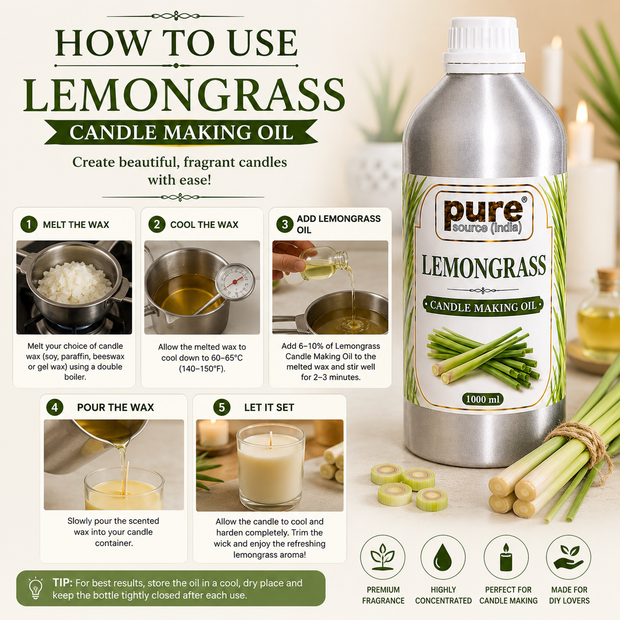 Pure Source India  Lemongrass Candle Making Oil | Fragrance Oil for Candle, Soap & Wax Melt Making | 1000 ml