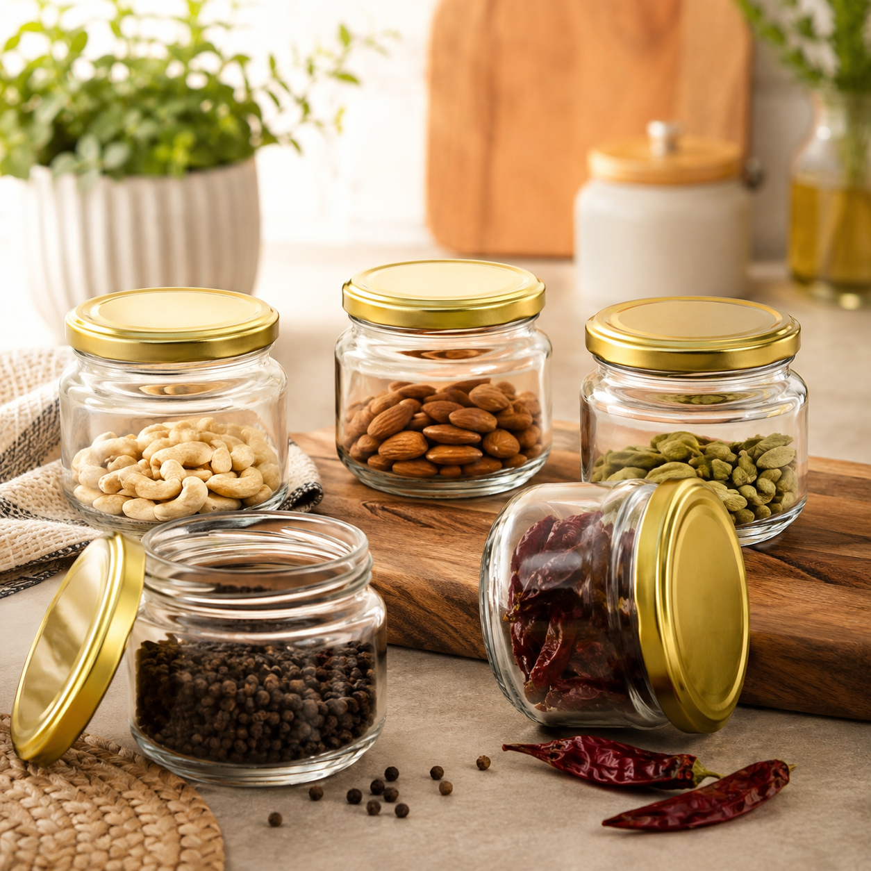 Pure Source India 150Gm Round Glass Container with Airtight and Rust-free Metal Lid - Led Free and Food Safe Jar
