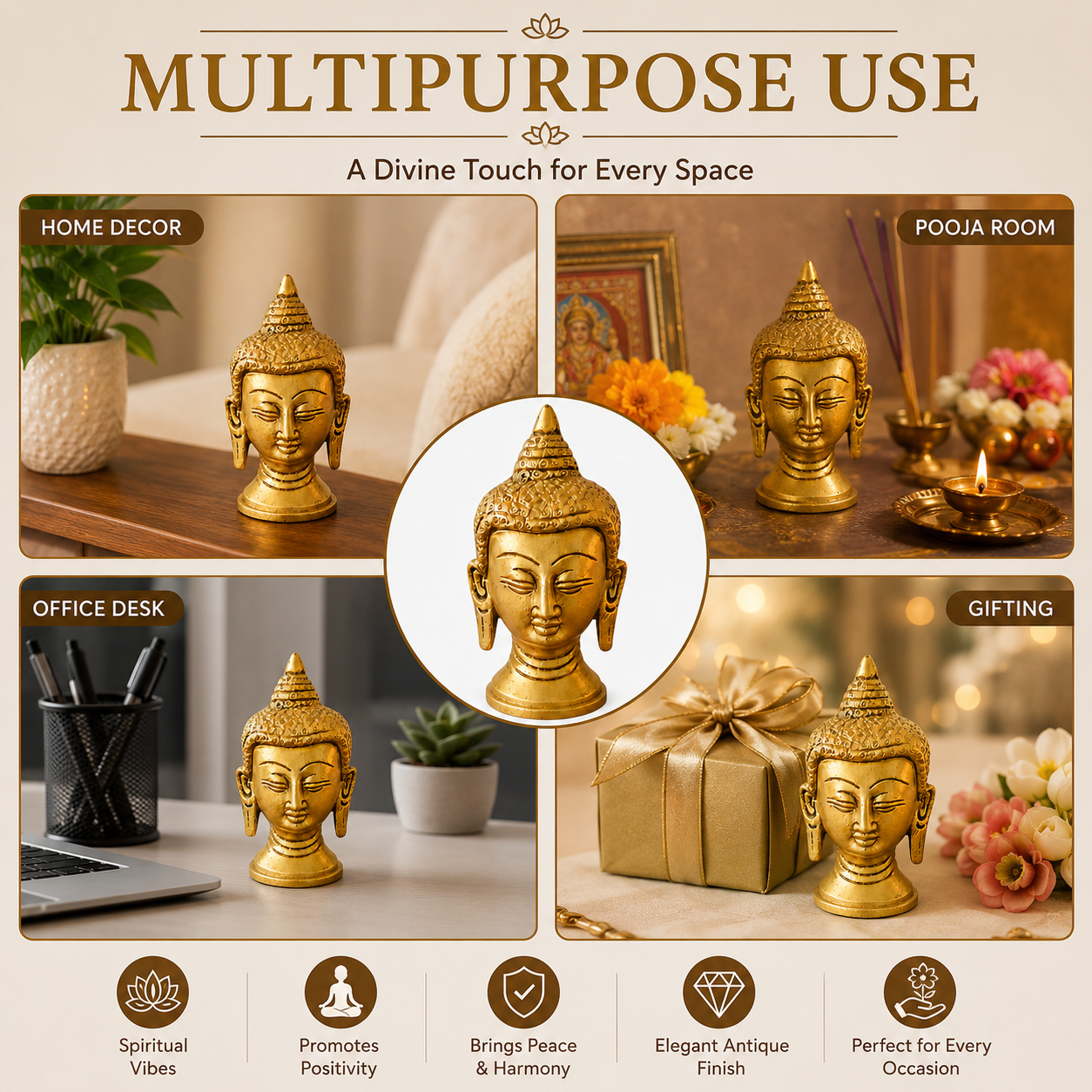 Pure Source India Pure Brass Buddha Face Showpiece/Idol/Murti for Home Decor, Office, Gifting Item (3.7 Inch)