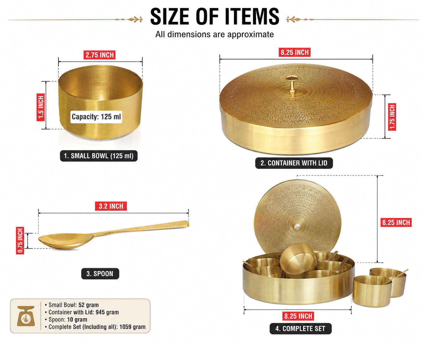Pure Source India Brass Spice Box Set for Kitchen with Spoon (7 Containers,125 ml Each) with 7 spoon