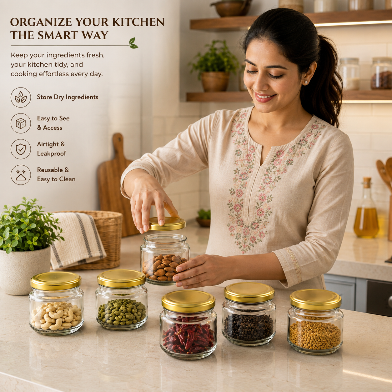 Pure Source India 150Gm Round Glass Container with Airtight and Rust-free Metal Lid - Led Free and Food Safe Jar