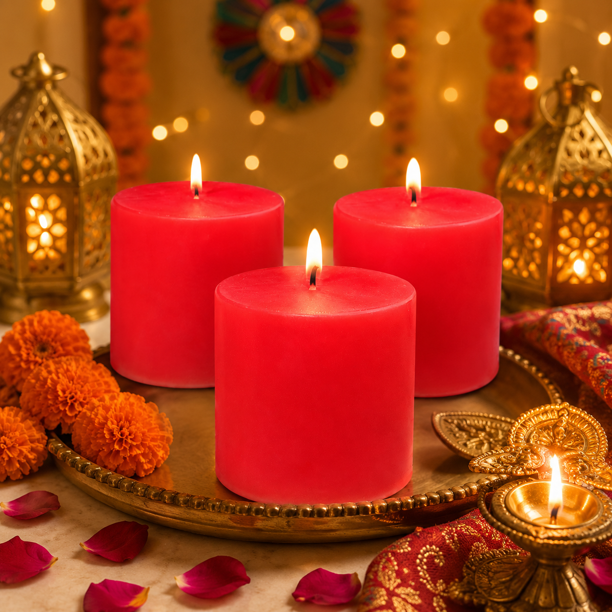 Pure Source India Rose Scented Pillar Candles, Red, Set of 3 | Paraffin Wax Smokeless & Drip-Resistant Decorative Candles for Home Décor, Bedroom, Dinner Table, Wedding, Diwali & Gifting