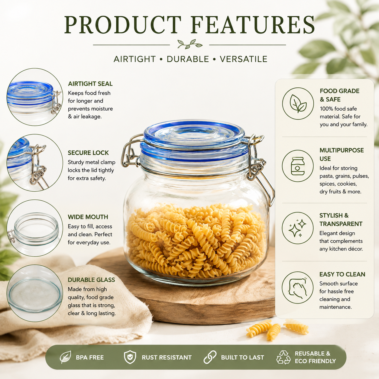 Pure Source India  750ml Stainless Steel Clamp Lid & Silicone Seal Kitchen Storage Air Tight Glass Jar, Clear