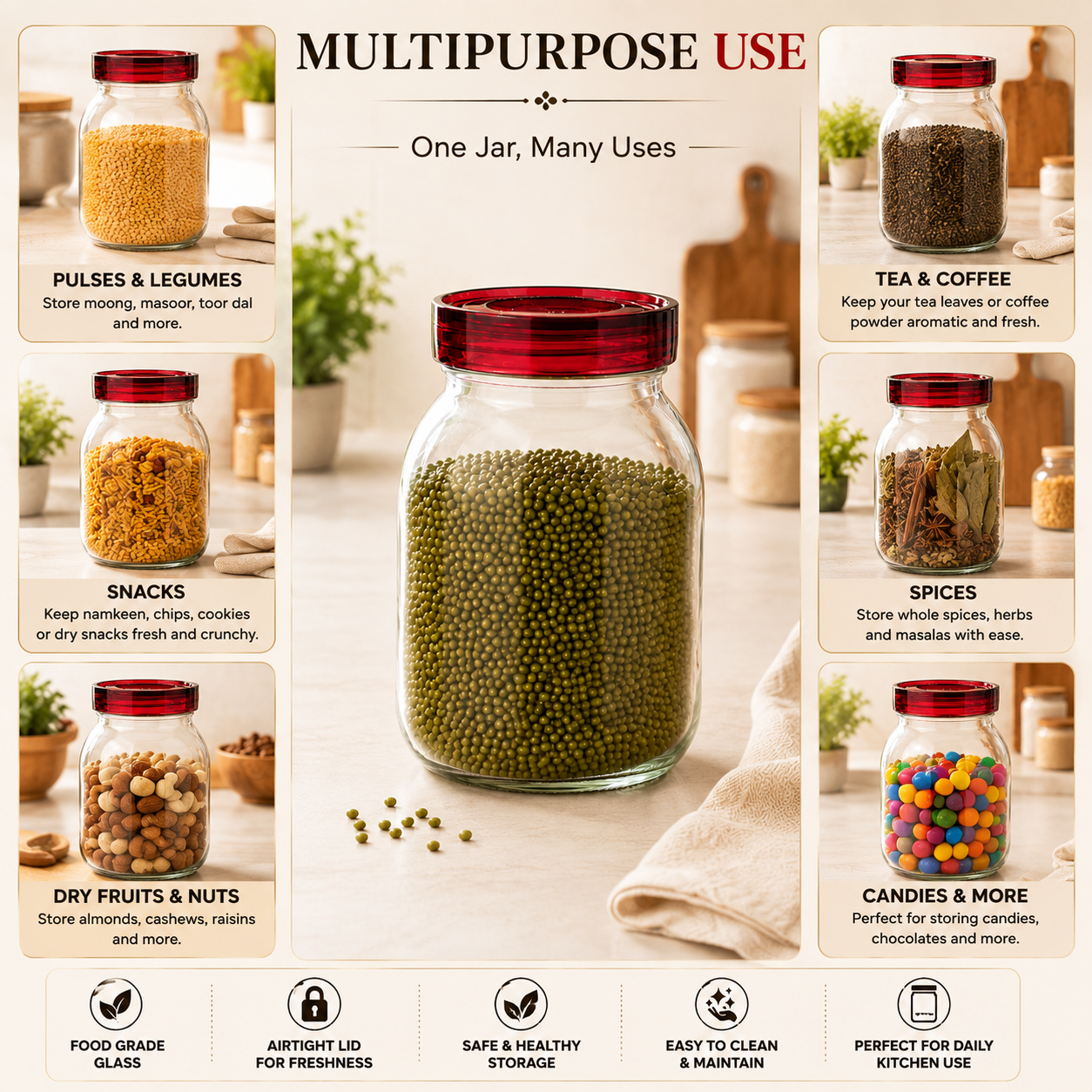 Pure Source India 1800 ML Glass Jars and Containers with Plastic air Tight Lid, Wide-Mouth Glass Jars and Containers  (14 CM CLEAR)
