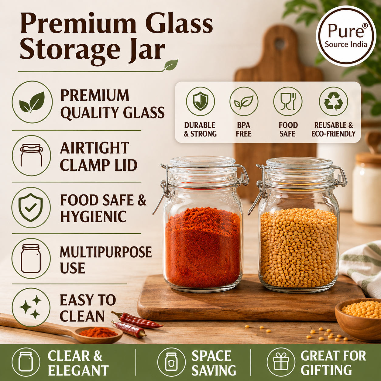Pure Source India Still Clamp Lock Glass Storage Jar, 1 LTR,Clear