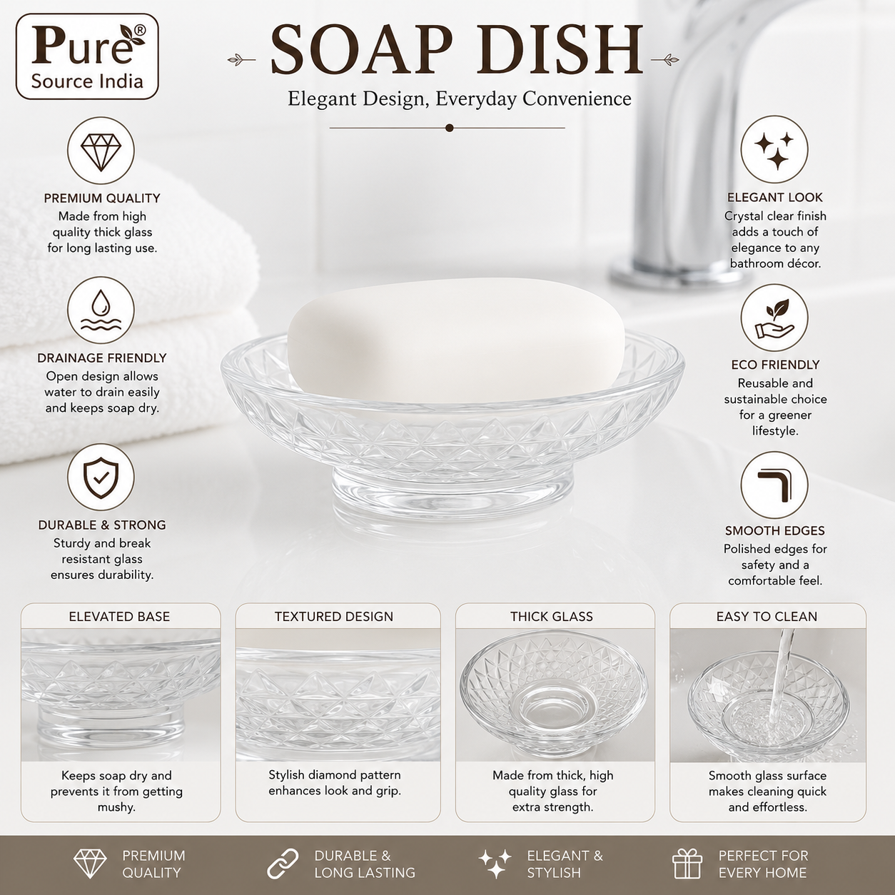 Pure Source India Crystal Glass Soap Dish for Bathroom 4.5 Inch| Elegant Transparent Soap Holder with Anti-Slip Design | Ideal for Washbasin, Shower & Kitchen Counter