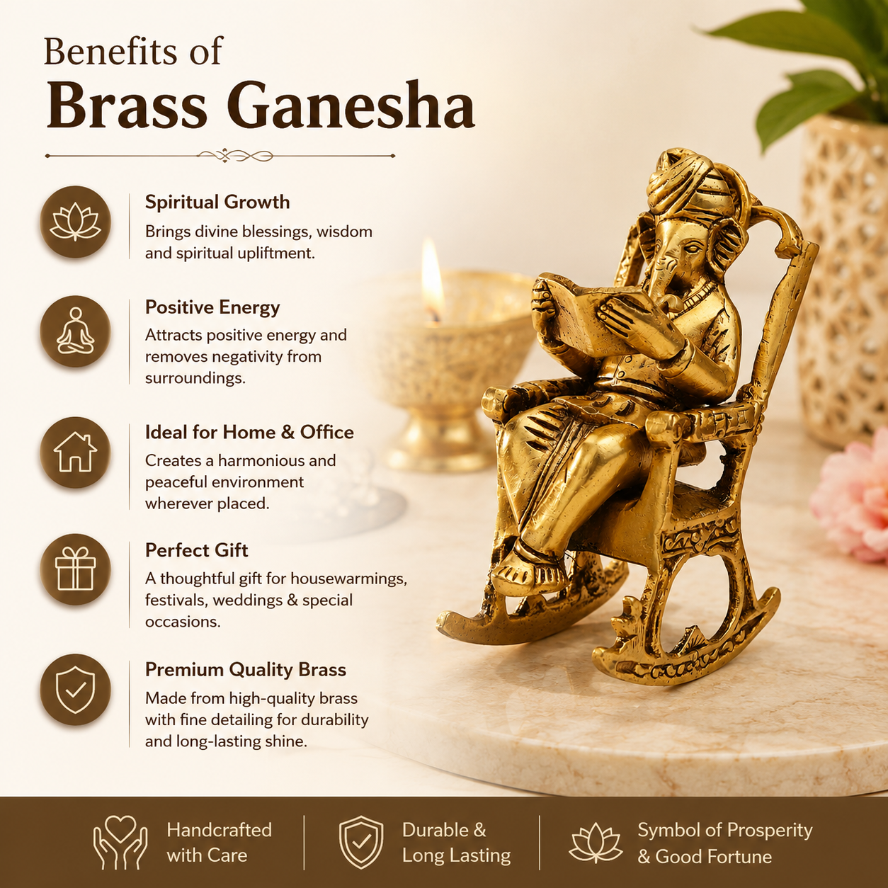 Pure Source India Pure Brass Lord Ganesh Statue (6 Inch) Sitting on Chair Idol for Home Office and Gifts Decor (1172 gm)