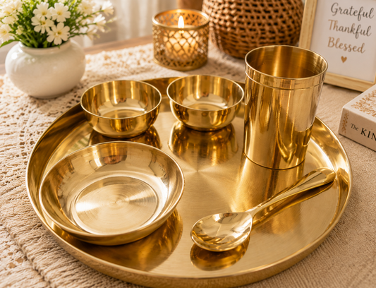 Pure Source India Kansa Solid Thali Set for Home, Kitchen, Dinning Table, Hotel & Gifting Purpose Set of 6 (Gold)