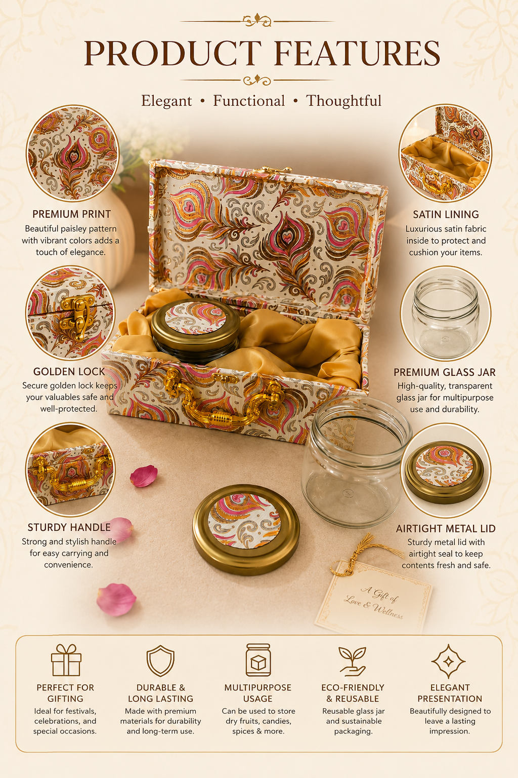 Pure Source India Empty Dry Fruit Gift Box with 2 Airtight Glass Jars | Luxury Hamper Box with Satin Lining | Reusable for Dry Fruits, Wedding, Diwali, Rakhi & Corporate Gifts