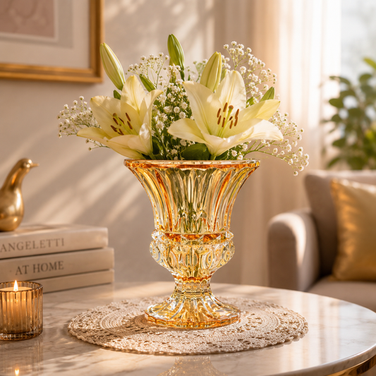 Pure Source India Vintage Amber Glass Vase Decorative Pedestal Vase Floral Centerpiece for Home & Events (6.5 Inch Flared Top)