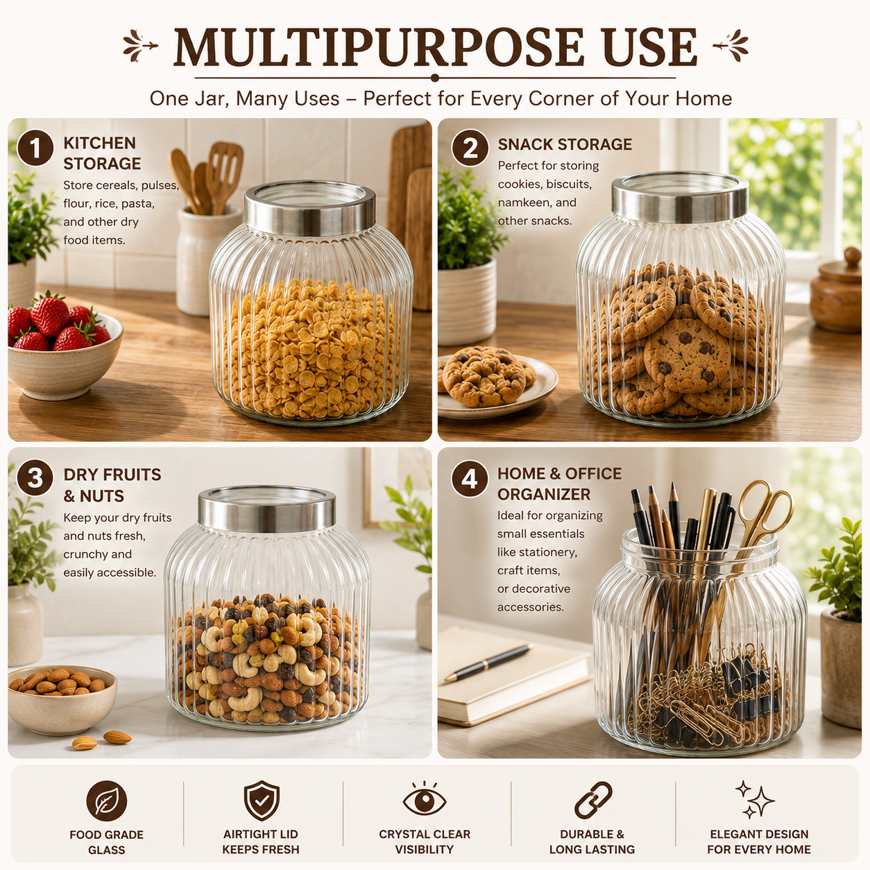 Pure Source India 7.5 Litre Ribbed Glass Storage Jar with Stainless Steel Lid | Airtight Food Grade Glass Canister | Kitchen Pantry Container for Cookies, Cereals, Rice, Flour, Pasta, Dry Fruits & Snacks