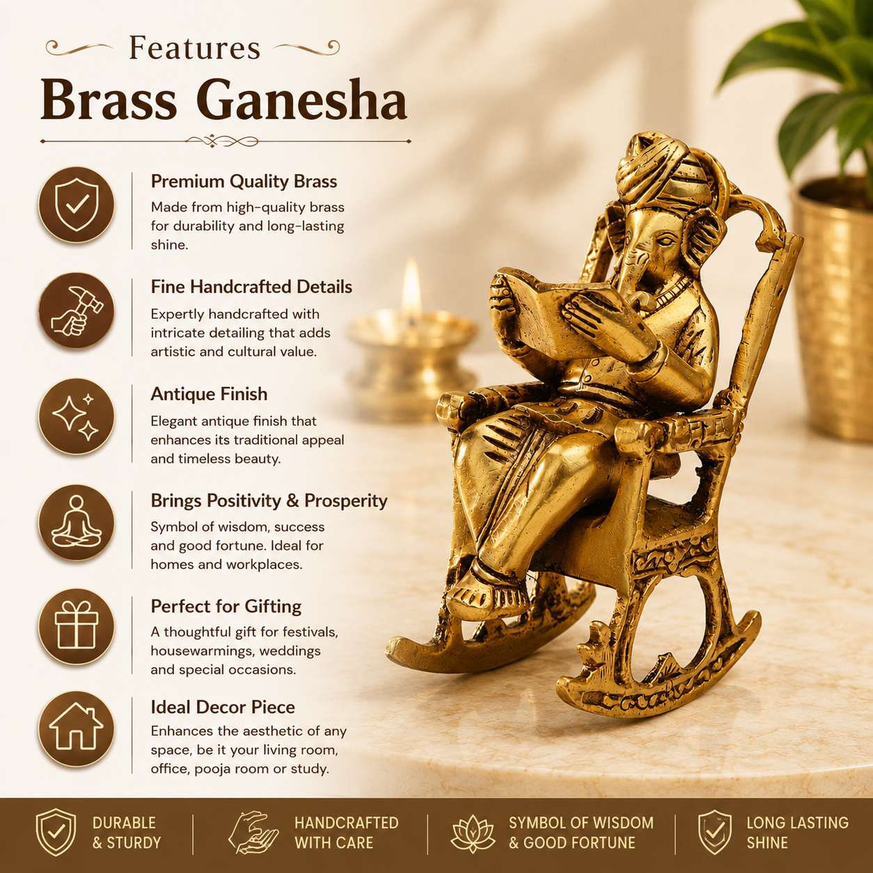 Pure Source India Pure Brass Lord Ganesh Statue (6 Inch) Sitting on Chair Idol for Home Office and Gifts Decor (1172 gm)