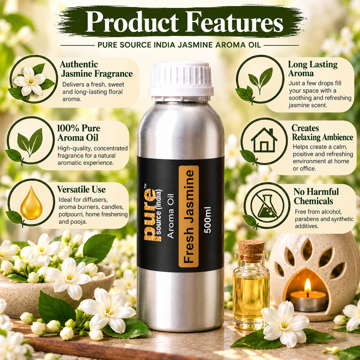 Pure Source India Fresh Jasmine Aroma Oil, 500ml | Concentrated Fragrance Oil for Candle Making, Aroma Burners, Potpourri & Home Fragrance