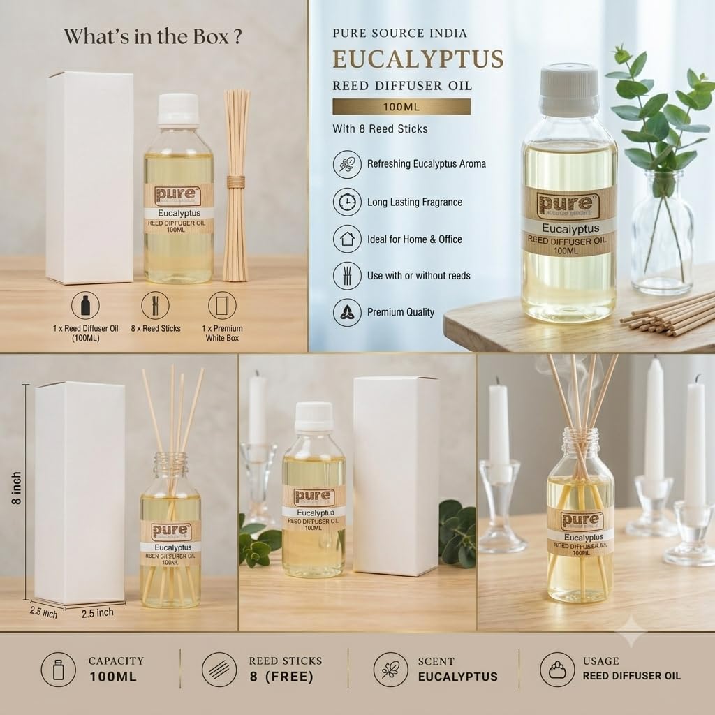 Pure Source India 100ML Eucalyptus  Aroma Reed Diffuser Refill , 8 Pcs Reed Stick Coming Free With This Reed Diffuser Oil