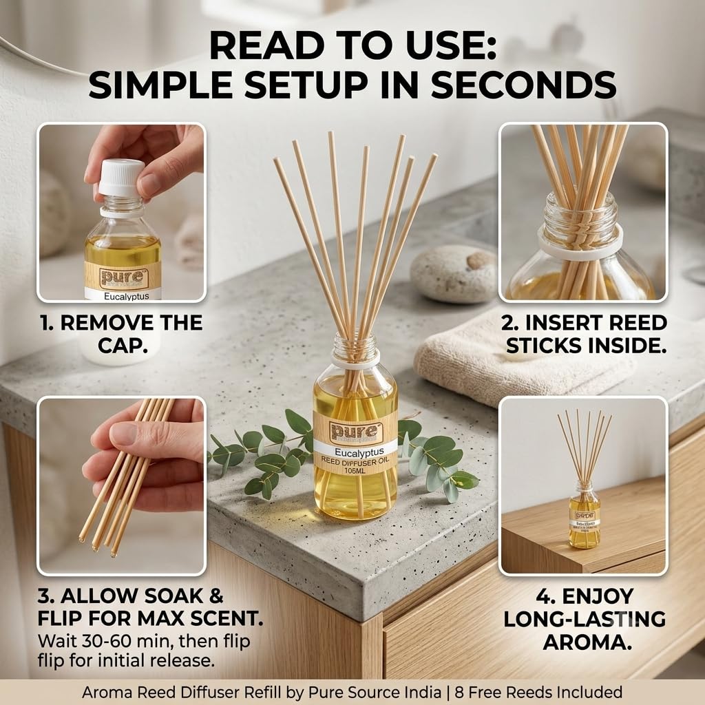 Pure Source India 100ML Eucalyptus  Aroma Reed Diffuser Refill , 8 Pcs Reed Stick Coming Free With This Reed Diffuser Oil