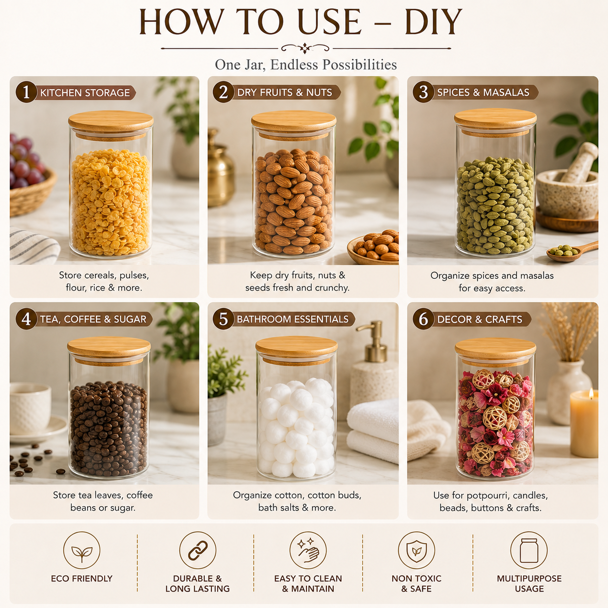 Pure Source India 1400ml Airtight Bamboo Lid Borosilicate Glass Jar Container For Kitchen Storage