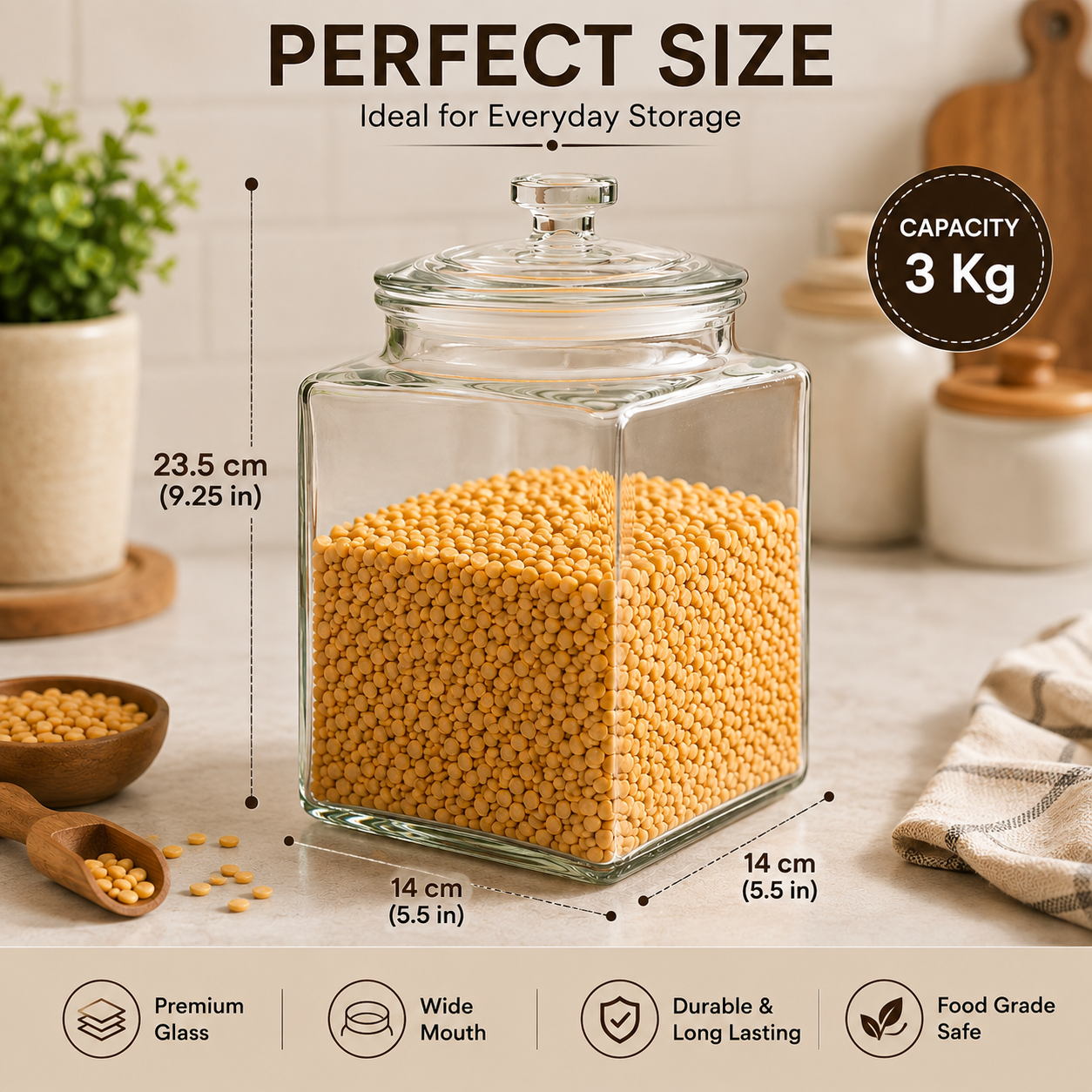 Pure Source India Square Shape 3L Glass Jar with Airtight Glass Lid For Pickle, Dry Fruit, Home Kitchen, Pantry Tea & Spice etc