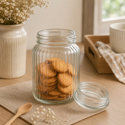 Pure Source India Premium 500ml Ribbed Glass Storage Jar with Airtight Lid | Clear Multipurpose Container for Kitchen Storage | Ideal for Dry Fruits, Snacks, Spices, Cookies, Sugar & More