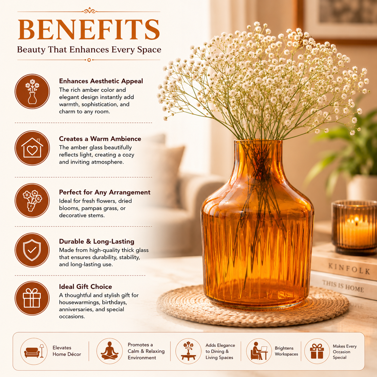 Pure Source India Amber Glass Flower Vase – 9 Inch Decorative Ribbed Bottle Vase for Home Decor, Modern Centerpiece for Living Room, Dining Table & Office