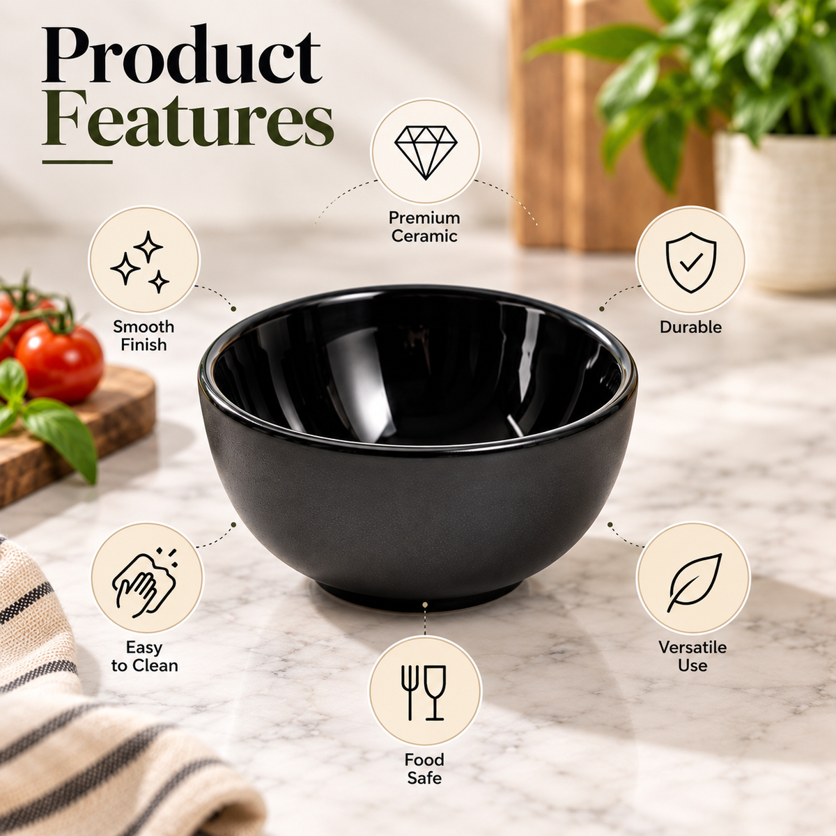 Pure Source India 200ml Black Ceramic Bowl for Serving & Dining | Premium Ceramic Serving Bowl | Food-Safe Kitchen Bowl