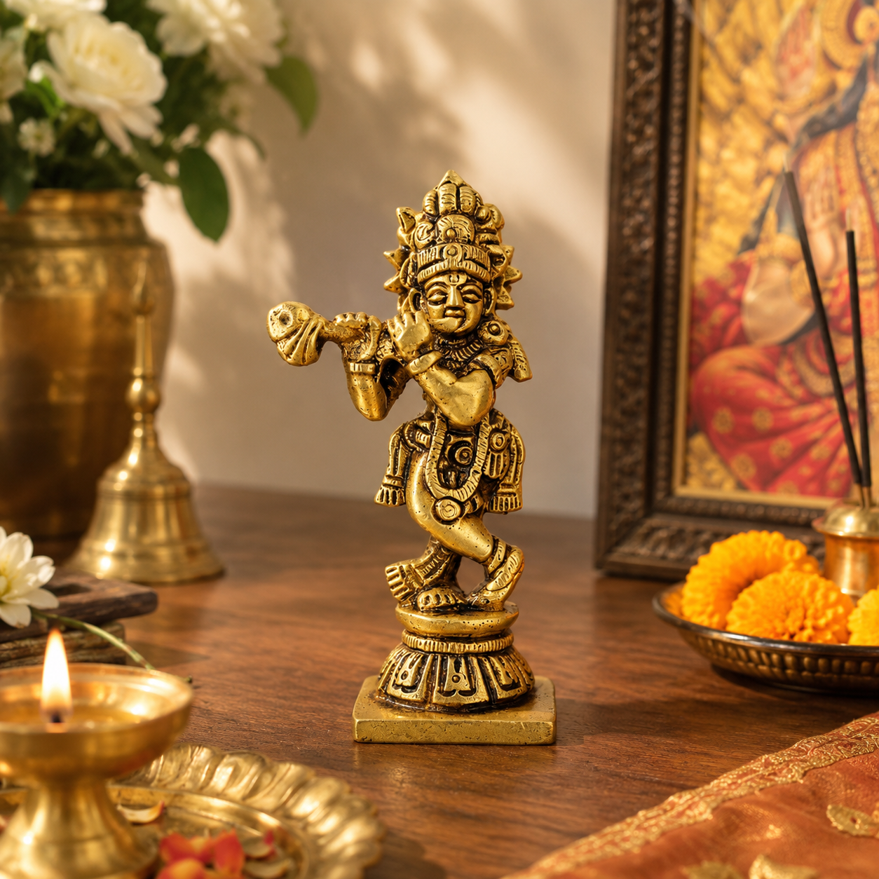 Pure Source India Pure Brass Lord Krishna Idol with Flute (7.5 cm) | Shree Lord Krishna Statue for Home Decor, Office Desk | Gift for House Warming (106 gm)