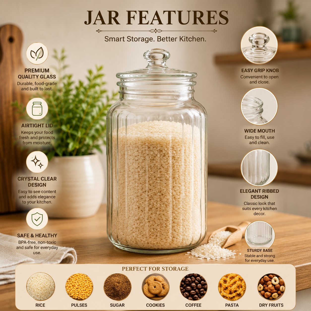 Pure Source India (2.5L) (Height-29cm) Hexagon Glass Jar with Airtight Lid for Food Storage Spices/Dry Fruits/Pulses/Cookies