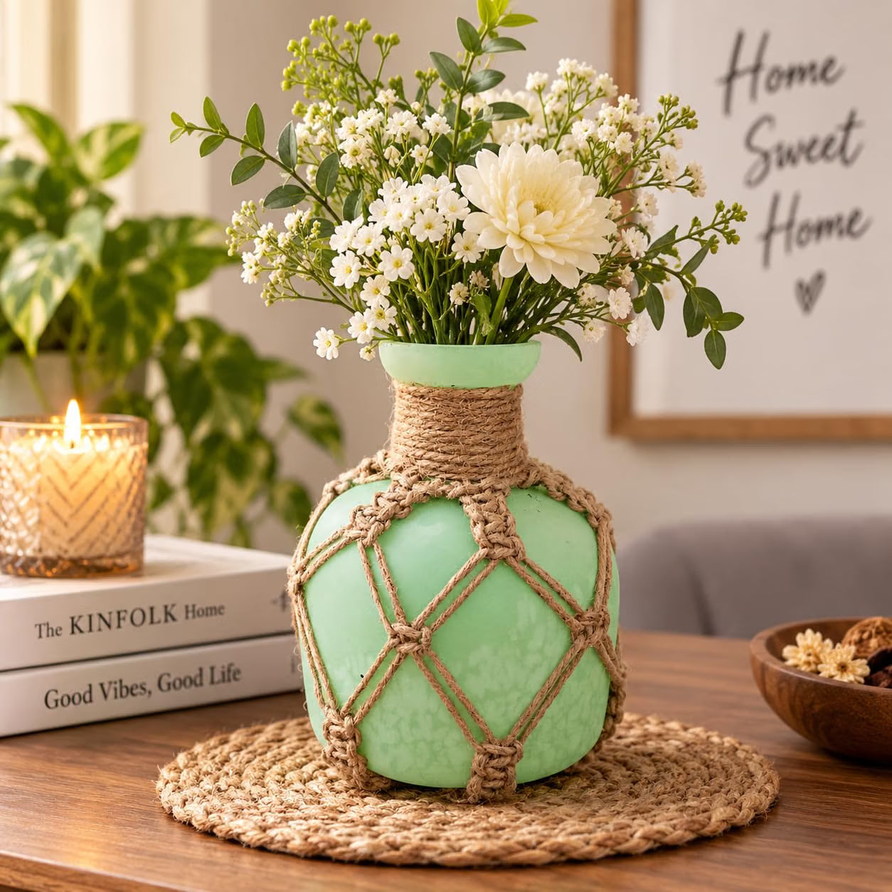 Pure Source India Decorative Green Flower Vase with Macramé Rope Design | Tabletop Home Décor Vase for Living Room, Dining Table & Office