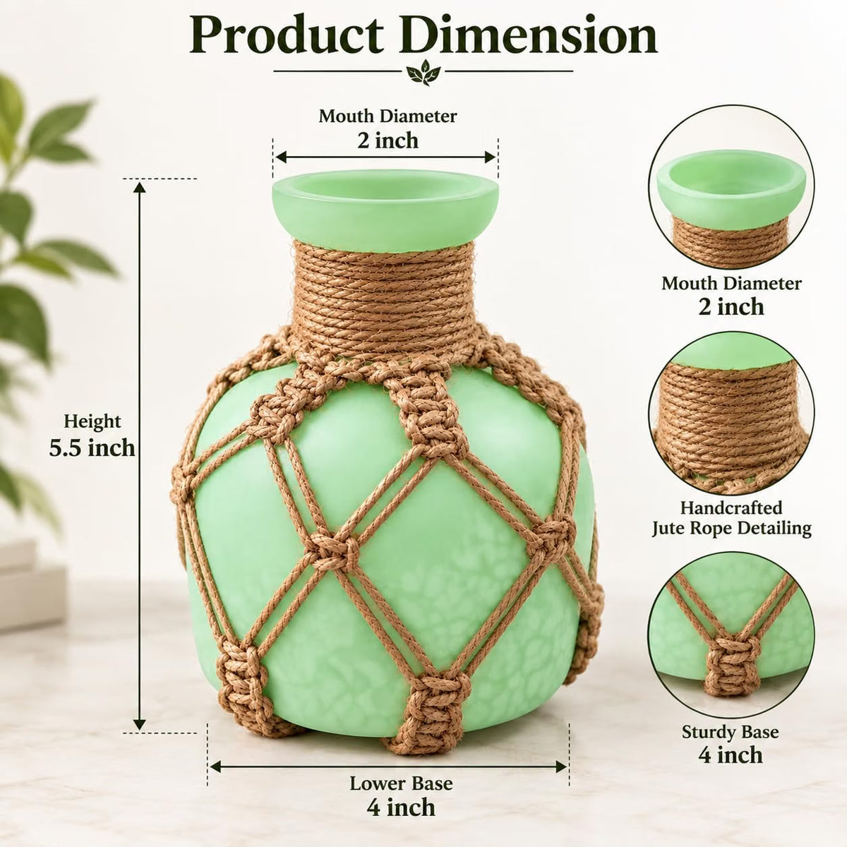 Pure Source India Decorative Green Flower Vase with Macramé Rope Design | Tabletop Home Décor Vase for Living Room, Dining Table & Office