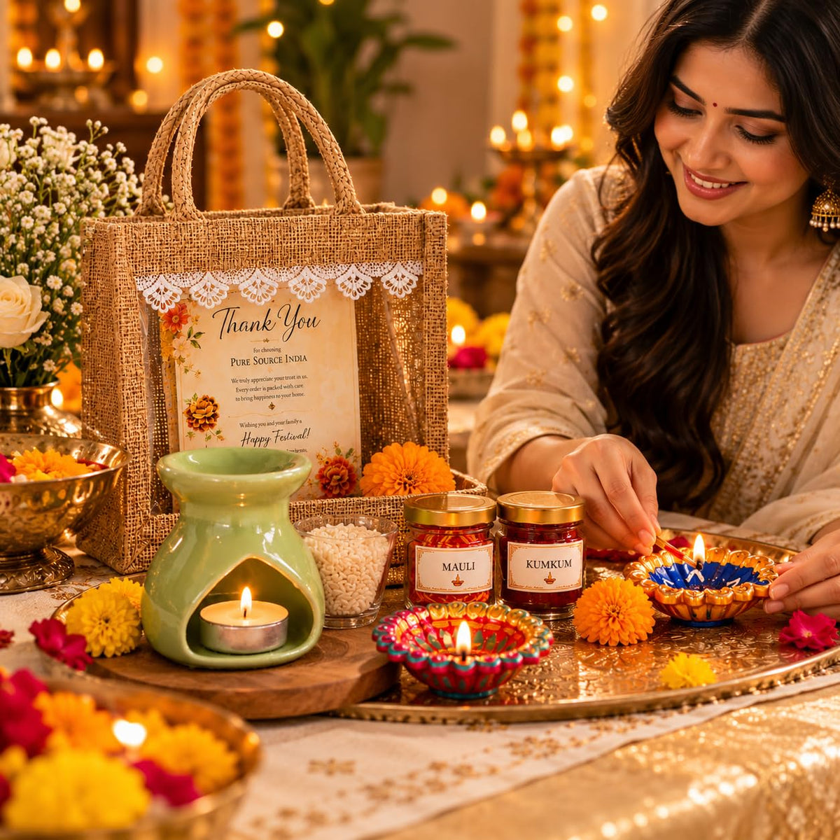 Pure Source India Diwali Pooja Gift Set with Roli Kumkum & Ghee Wicks (Green)