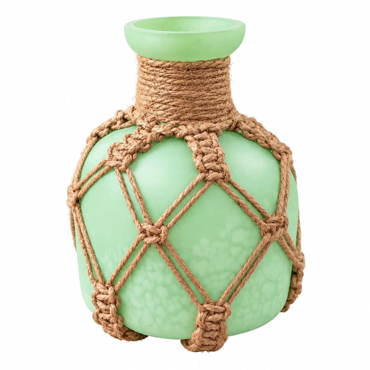 Pure Source India Decorative Green Flower Vase with Macramé Rope Design | Tabletop Home Décor Vase for Living Room, Dining Table & Office